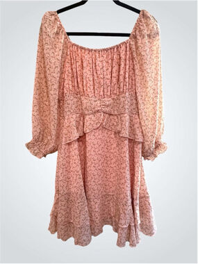 Umgee Chiffon Floral Print Tiered Mini Dress in Pink Size M